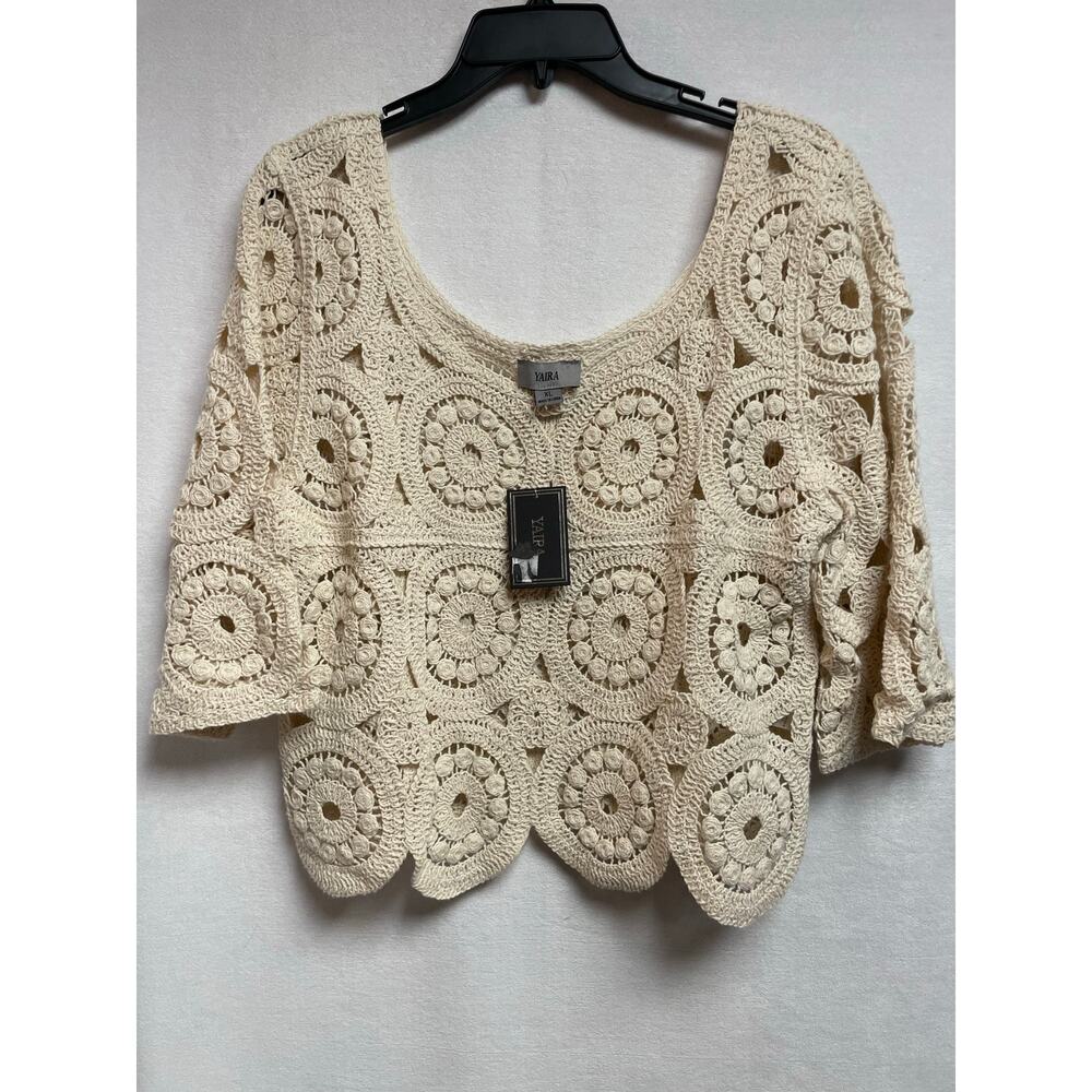 YAIRA‎ yarn sweater NWT crochet crop circle XL Ivory women’s top